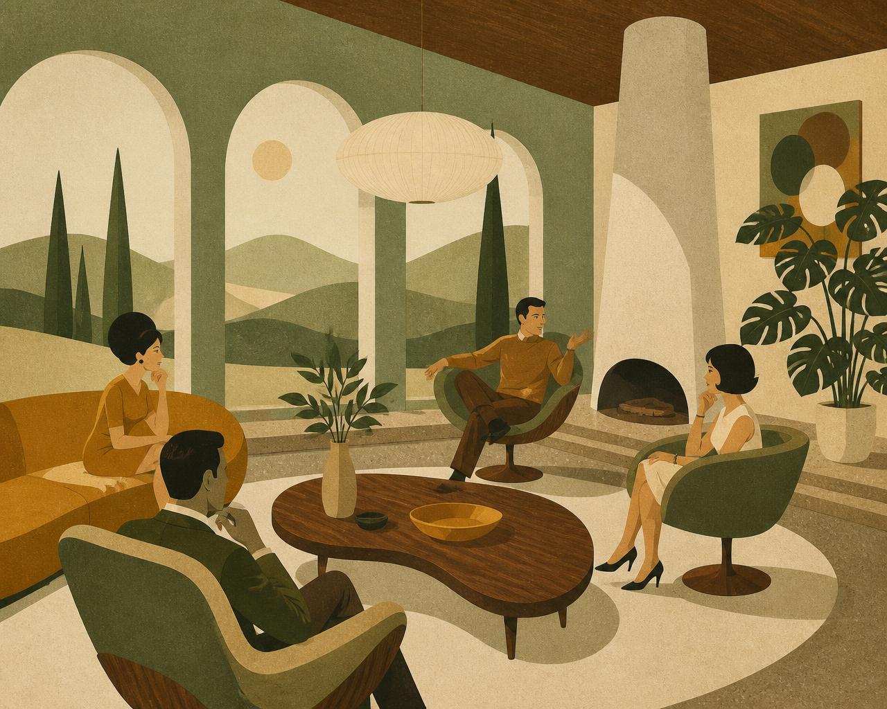 Mid-century lounge where founders and investors sit in conversation beneath arched windows